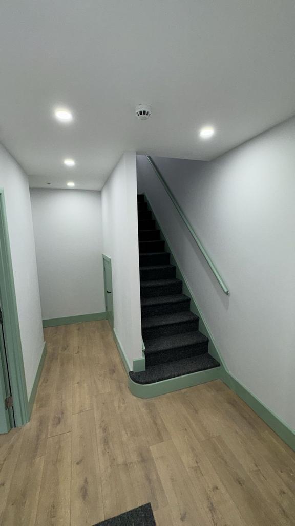 Bright, modern hallway with carpeted stairs...