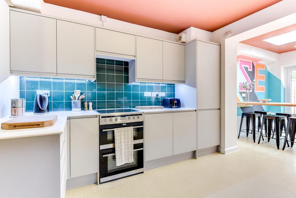 Bright modern kitchen with sleek white cabinets...