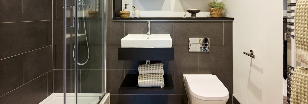 Bankside-gardens, Bathroom with a dark design,...