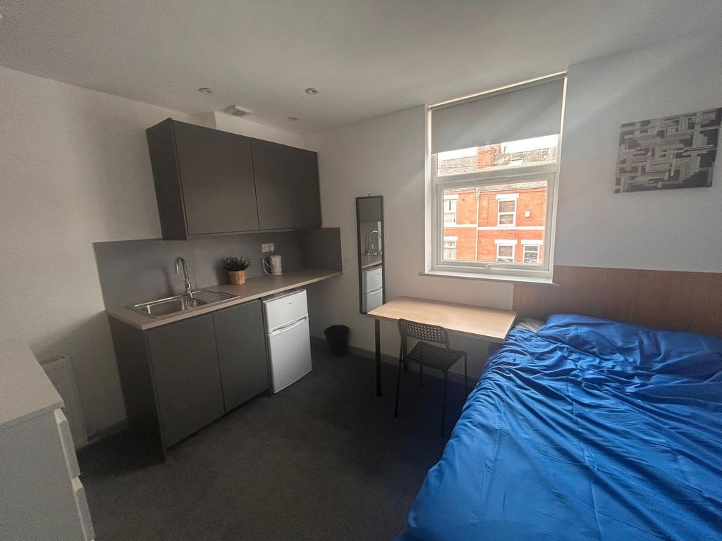 Bright studio room with kitchenette and desk...