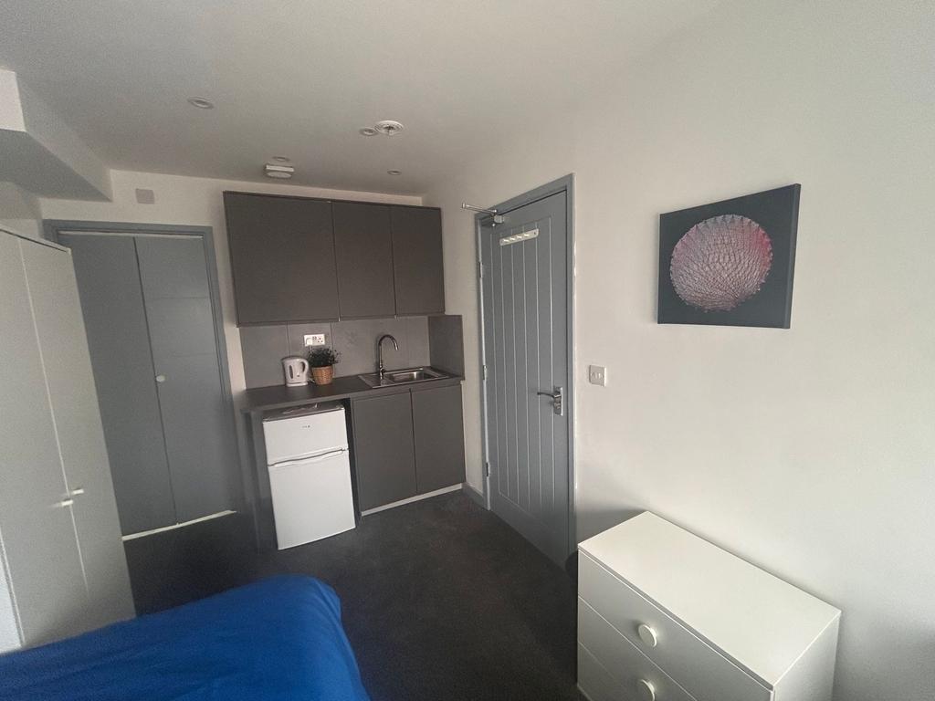 Compact room with kitchenette and fitted storag...