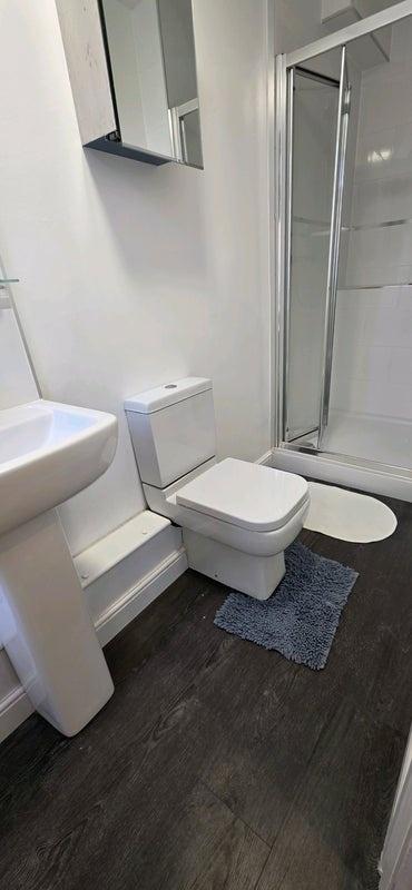 Bright modern bathroom with walk-in shower...