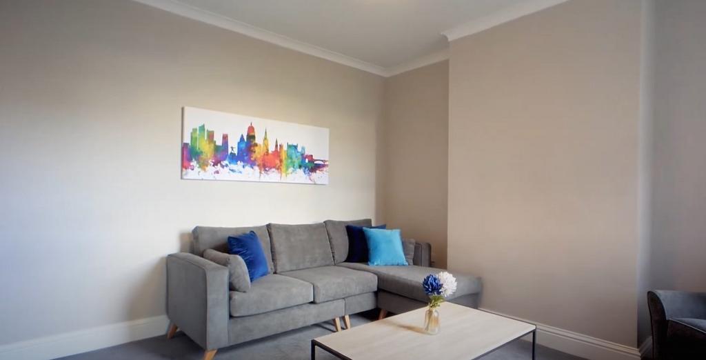 Bright living room with sofa and modern decor...