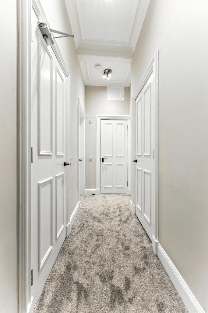Bright, clean carpeted hallway with paneled doo...