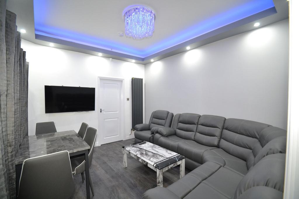 Modern and stylish living room featuring a larg...