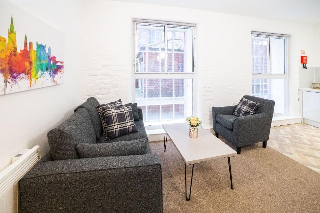 Bright modern lounge with sofa and armchair...