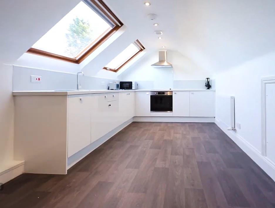 Bright modern kitchen in loft with skylights...