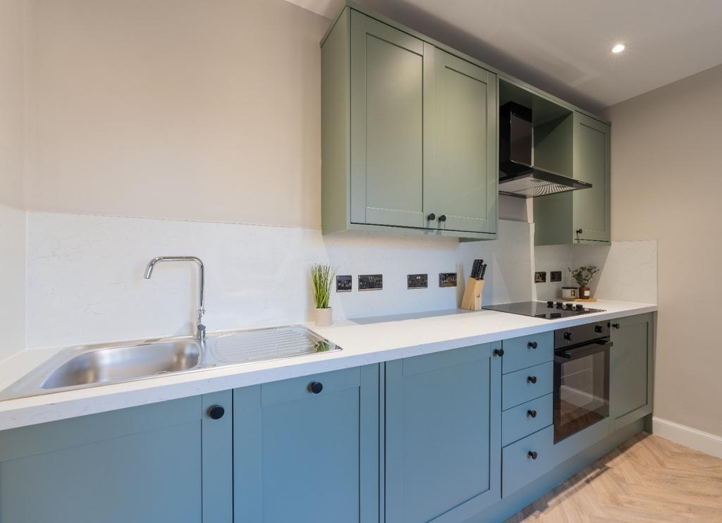 Modern fitted kitchen with mint cabinets...