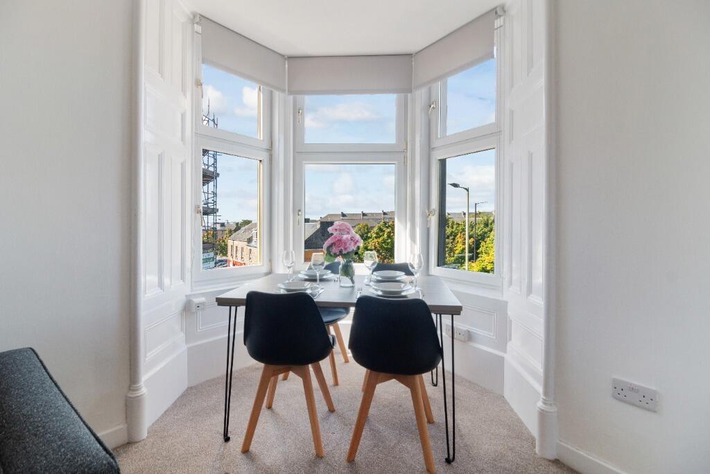 Bright bay window workspace with leafy outlook...