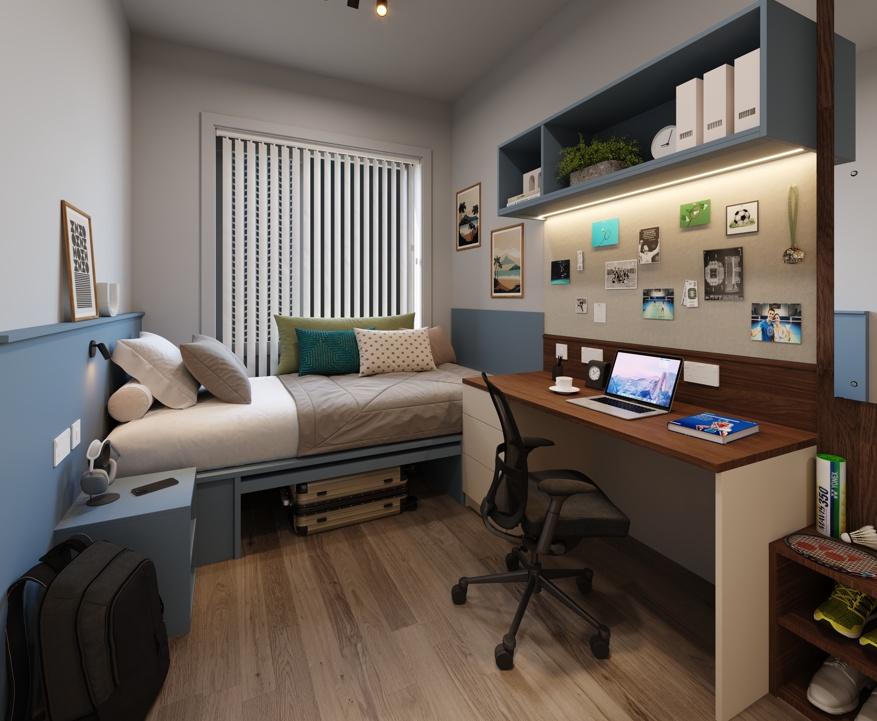 Well-appointed single bedroom with a built-in d...