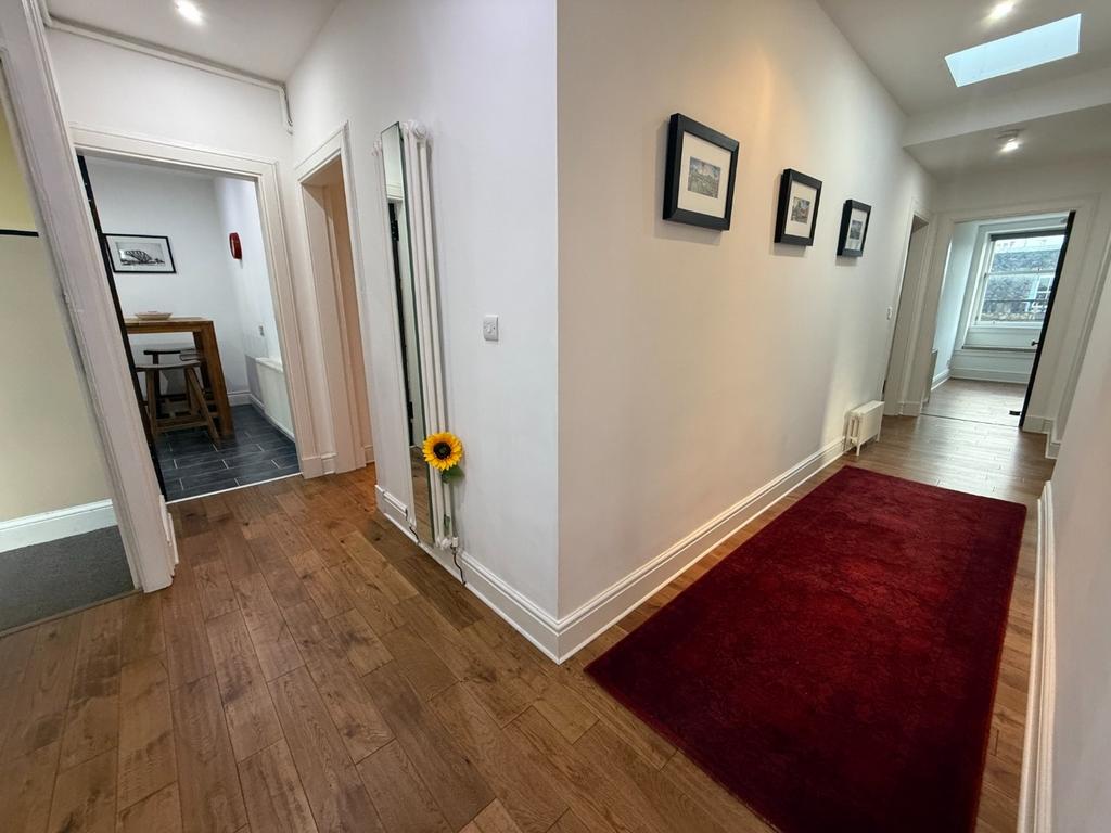 Bright hallway with skylight and runner rug...