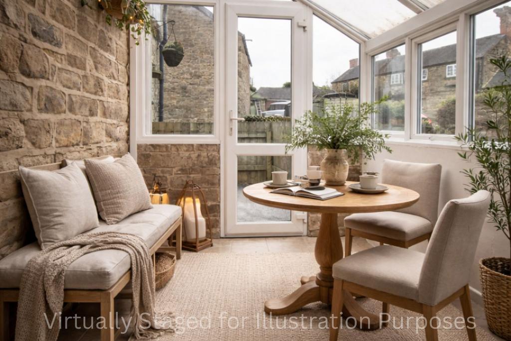 Conservatory interior, conservatory, french doors leading to garden
