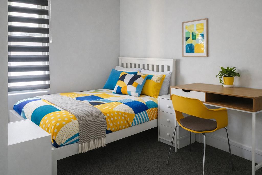 Bright, modern double bedroom with a comfortabl...