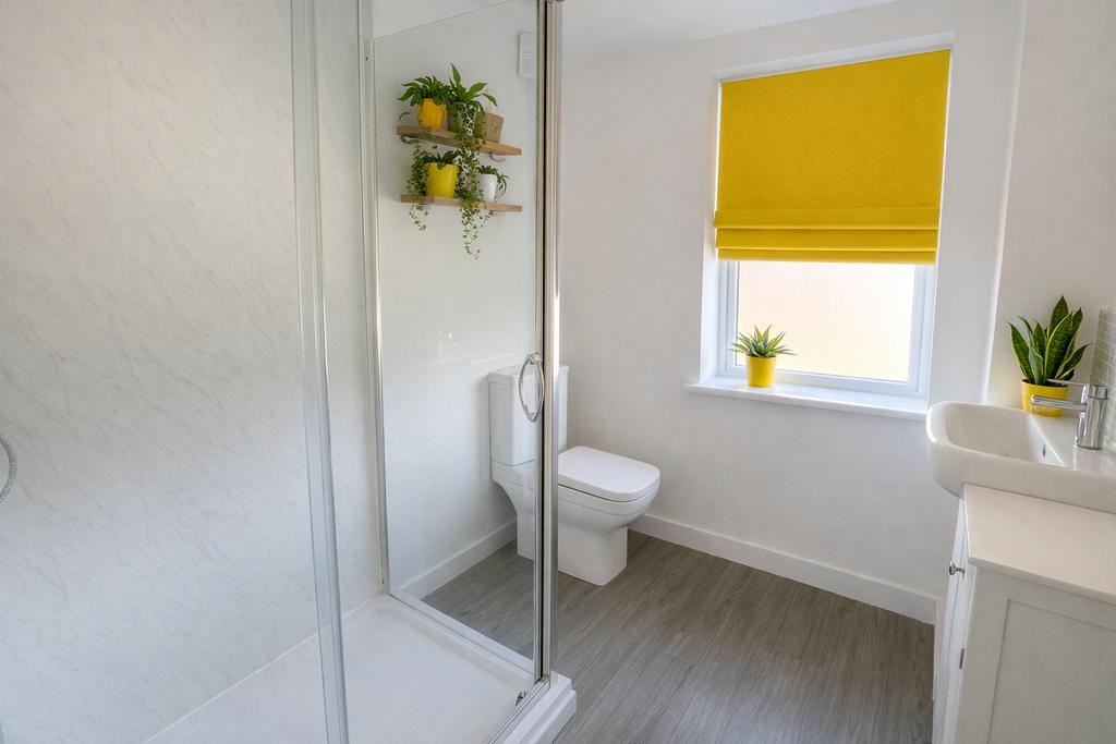 Bright, modern bathroom with a walk-in shower, ...