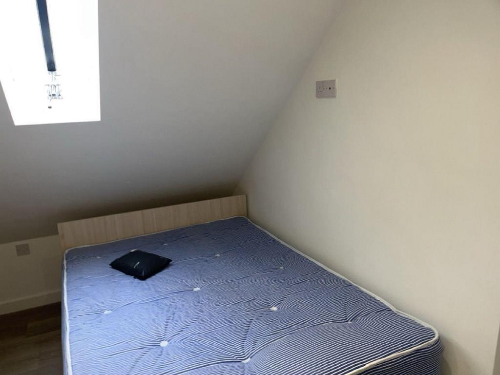 Simple bedroom with skylight and double bed...