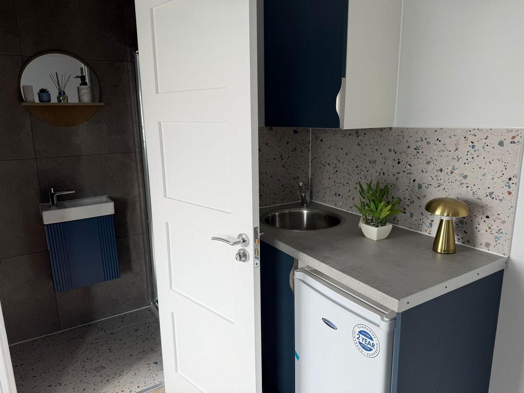 Modern studio kitchenette with stylish tiling...
