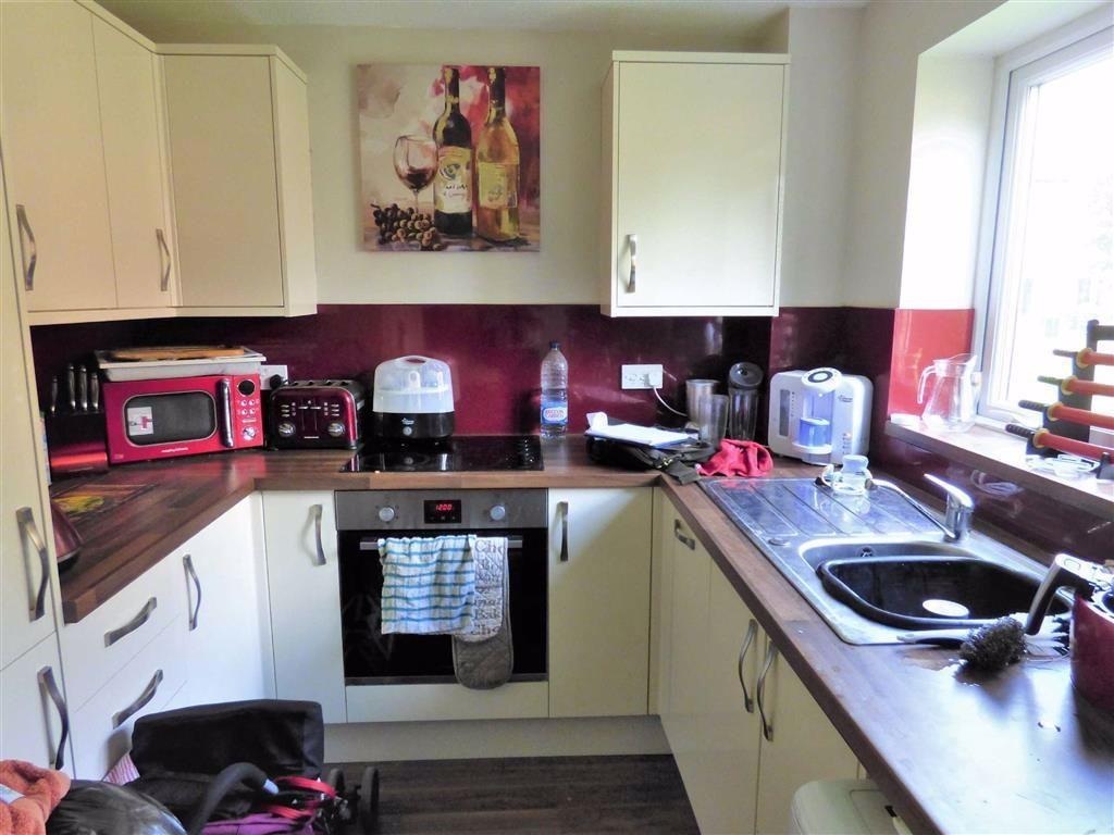 Modern kitchen with vibrant splashback and wind...