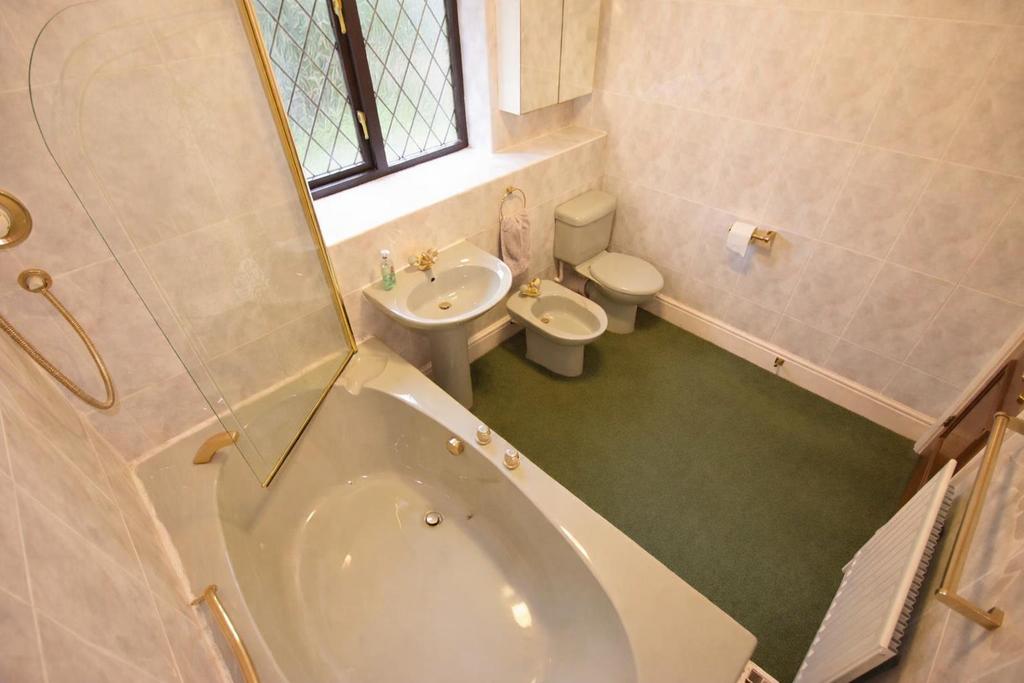 Well-lit bathroom with green carpet.png