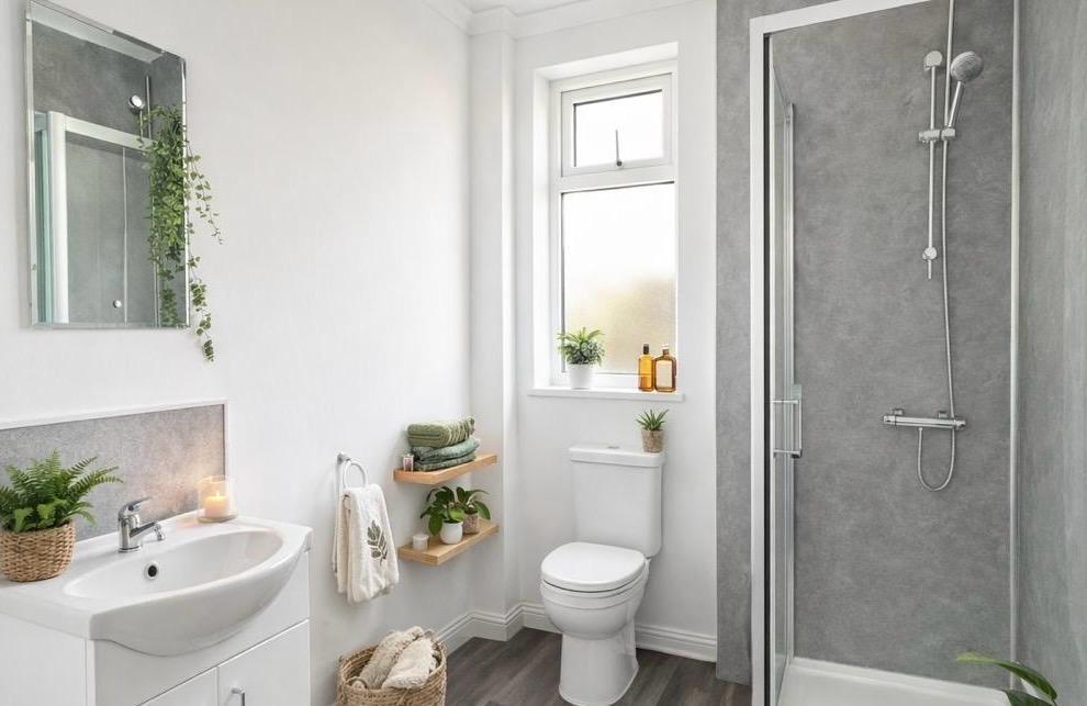 Bright modern bathroom with a walk-in shower, w...