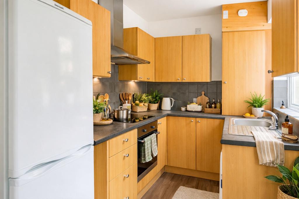 Bright, well-maintained galley kitchen with war...