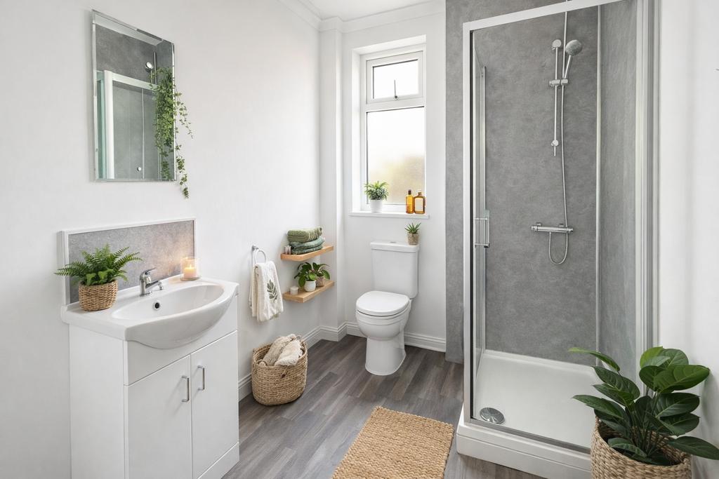 Bright, modern bathroom with a walk-in shower, ...