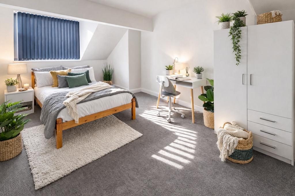 Bright, well-styled double bedroom with a woode...