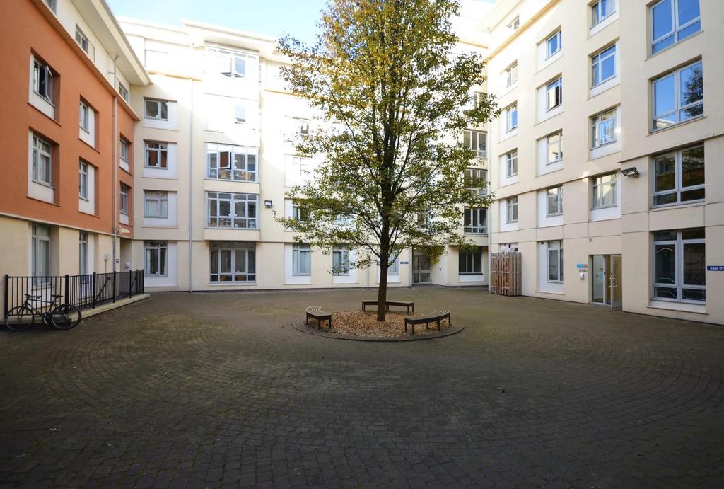 Bright modern courtyard with a central tree...