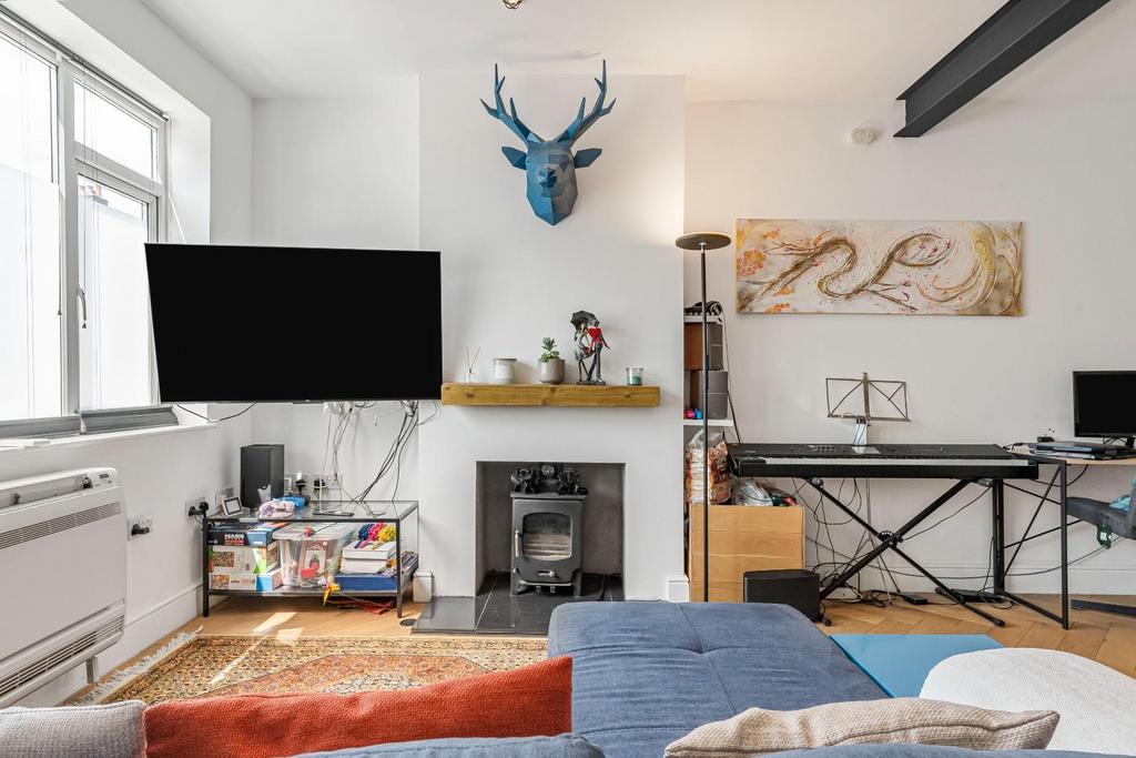 Open-plan living area, fireplace