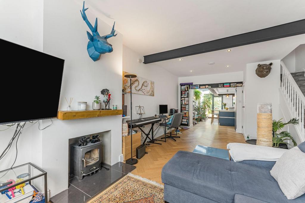 Open-plan living area, fireplace