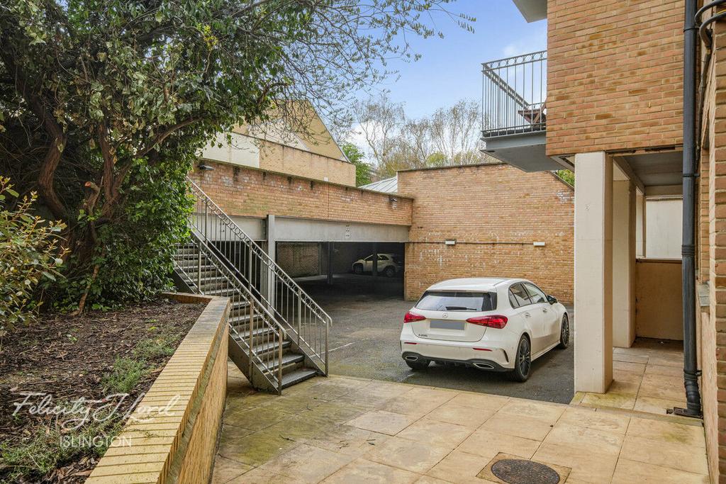 Driveway view, garage