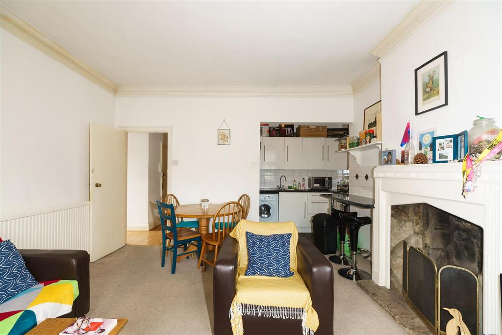 Open-plan living area, fireplace