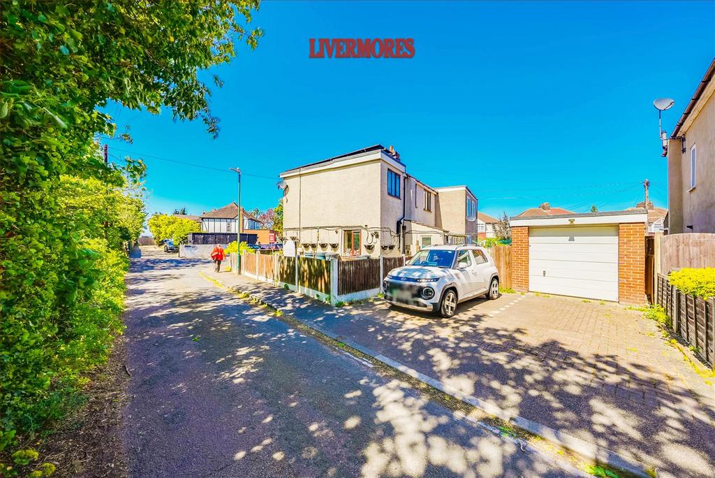 Driveway view, garage