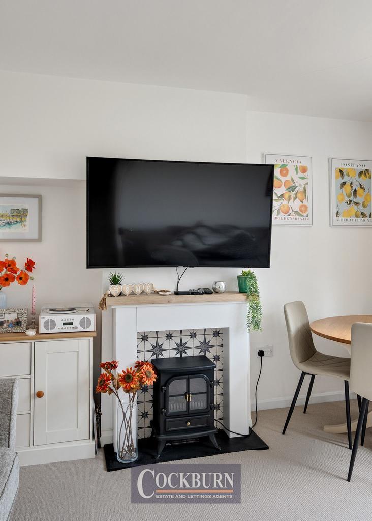 Open-plan living area, fireplace