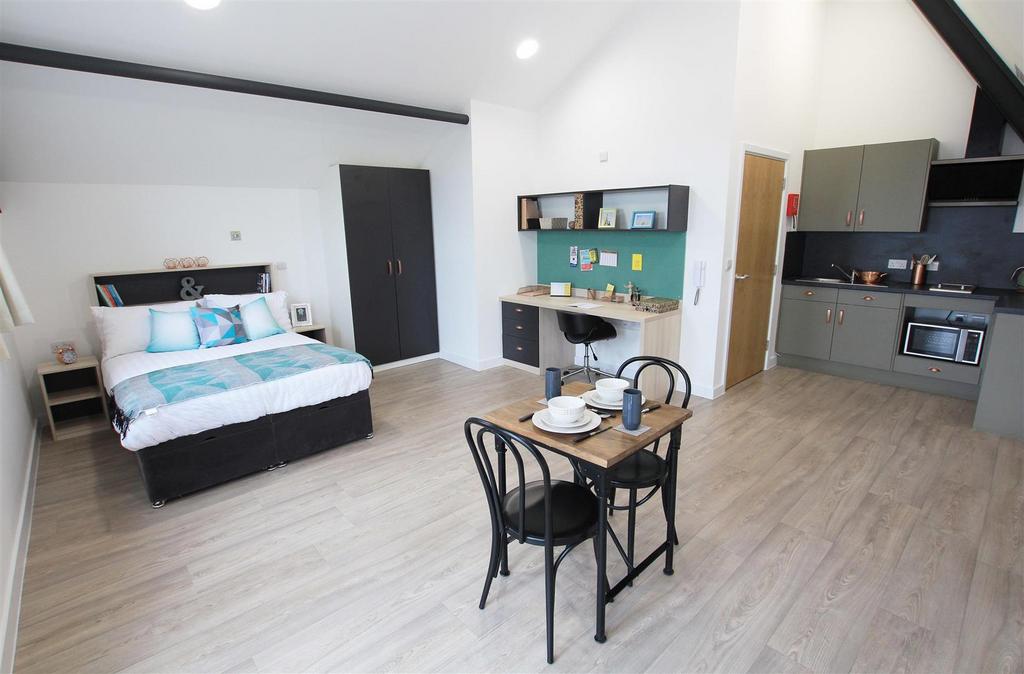 Studio apartment interior, open plan living, studio