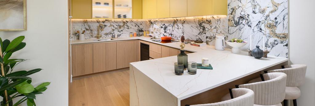 Kitchen with attached island, marble pattern...