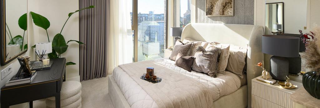 Contemporary designed bedroom with vanity...