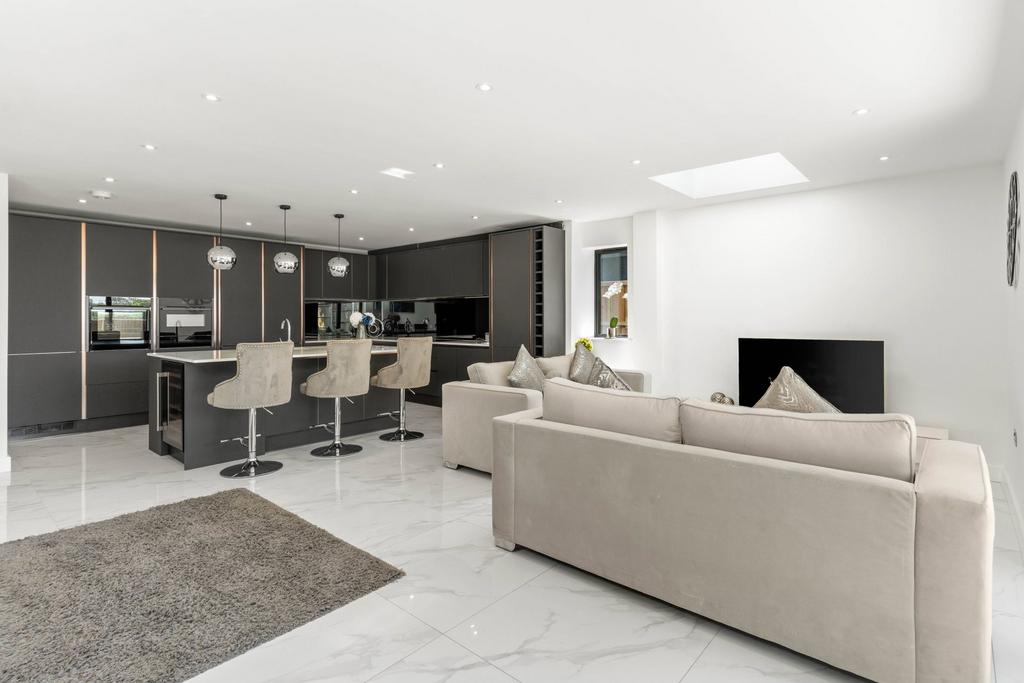 Open-plan living area, fireplace
