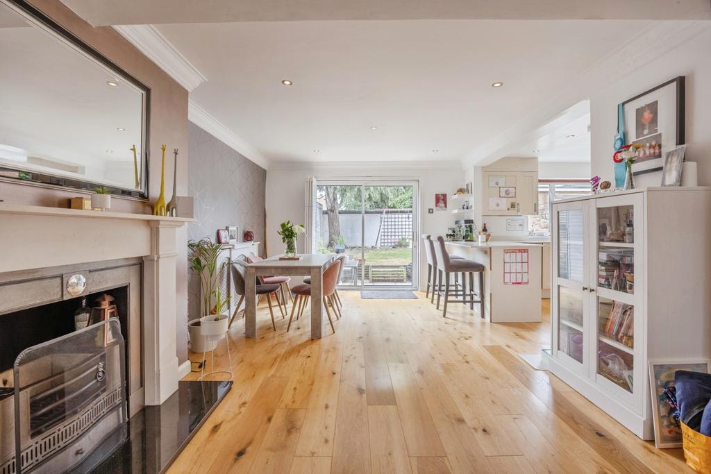 Open-plan living area, fireplace