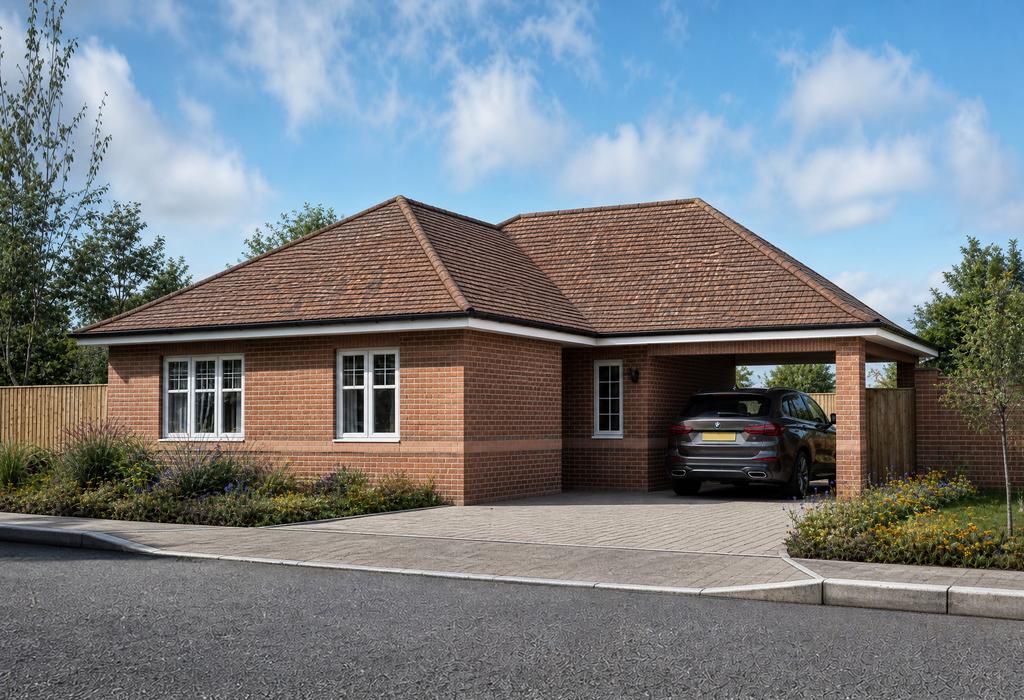A modern brick bungalow with a car parked in...