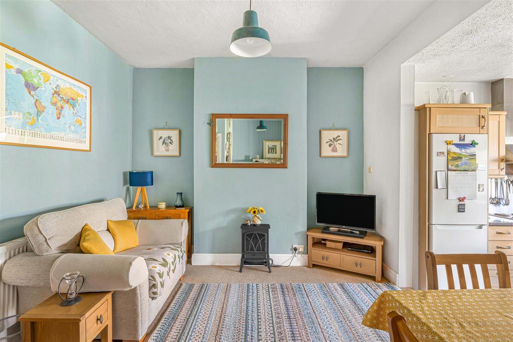 Open-plan living area, fireplace