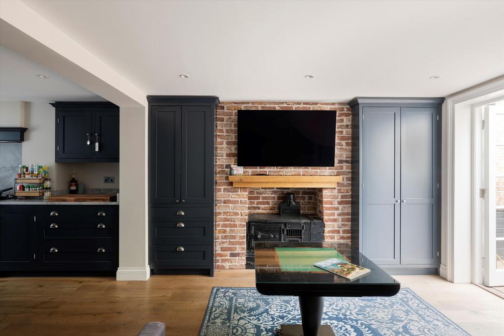 Open-plan living area, fireplace