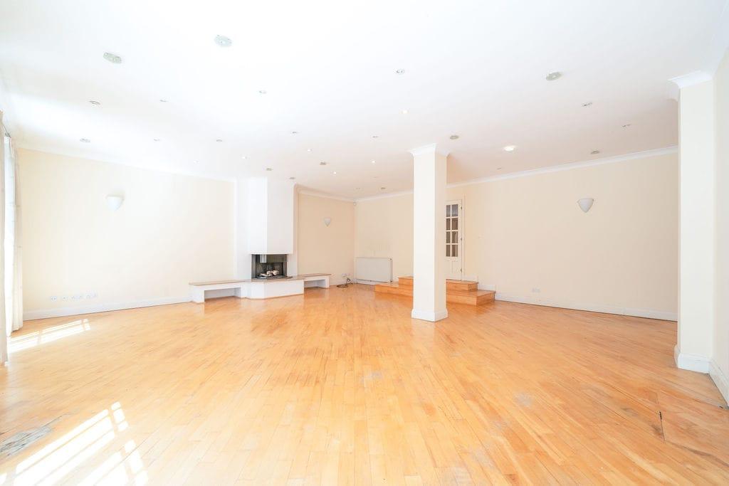 Open-plan living area, fireplace
