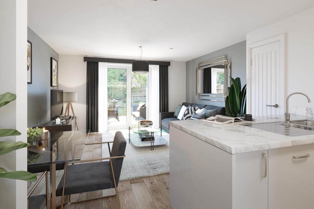 The living area features French doors,...
