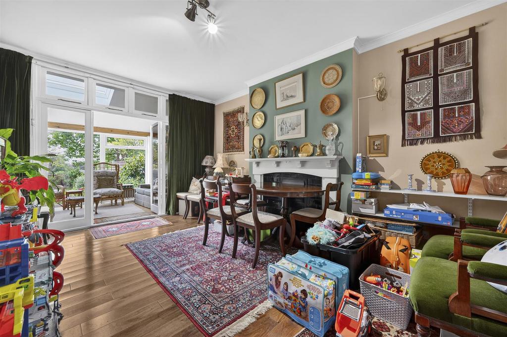 Open-plan living area, fireplace