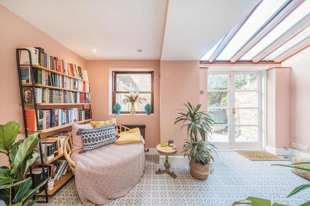 Conservatory interior, french doors leading to garden