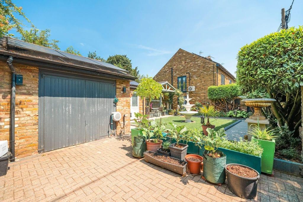 Driveway view, garage