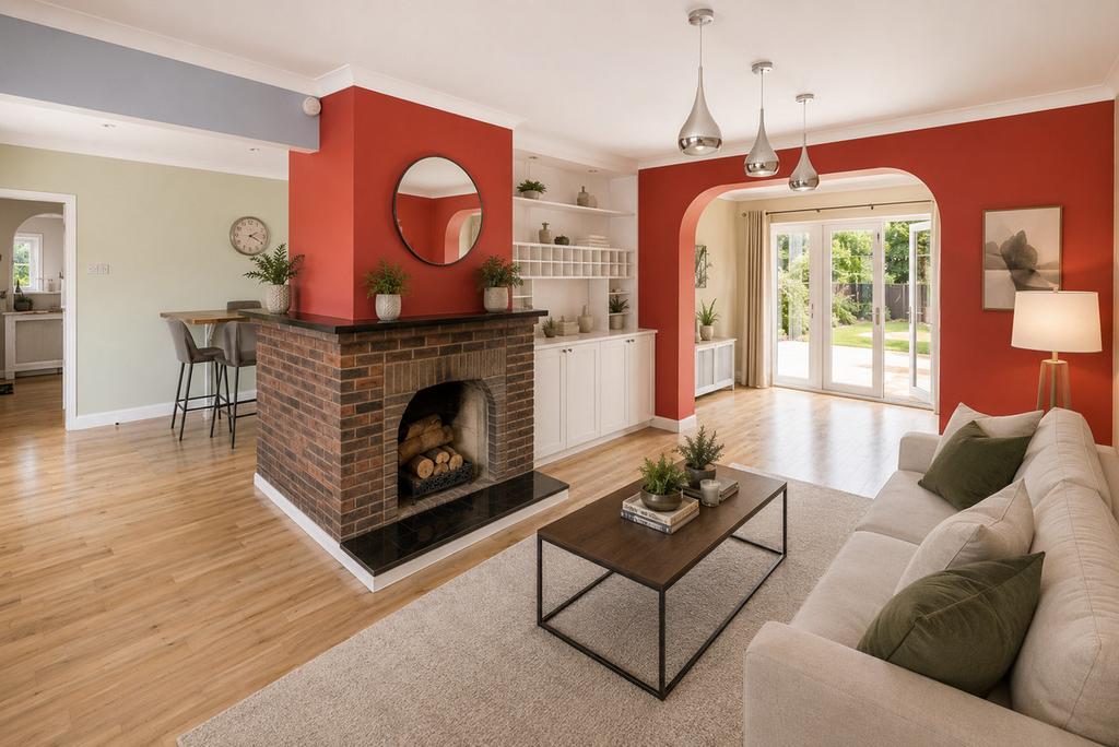 Open-plan living area, open plan living, fireplace