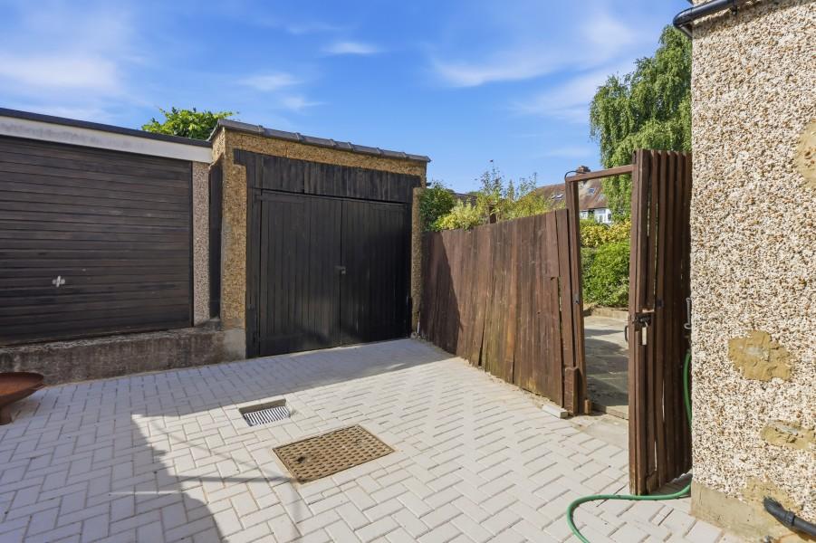 Driveway view, garage