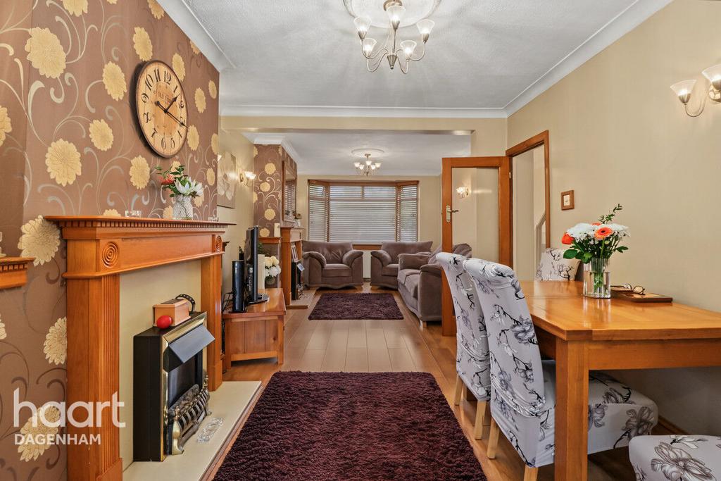 Open-plan living area, fireplace