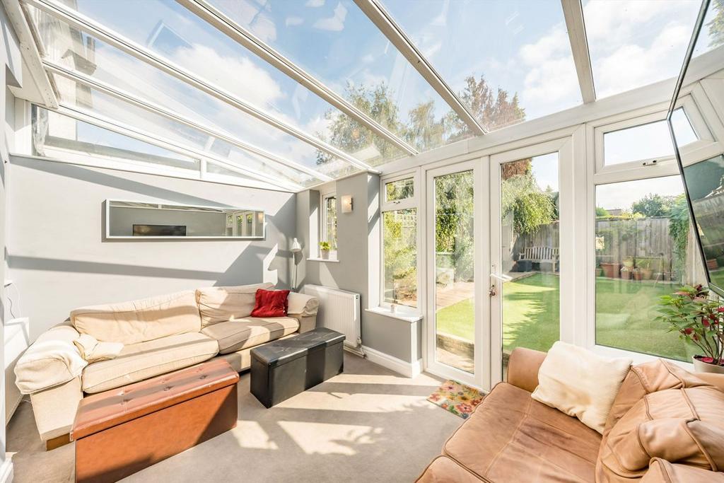Conservatory interior, conservatory, french doors leading to garden